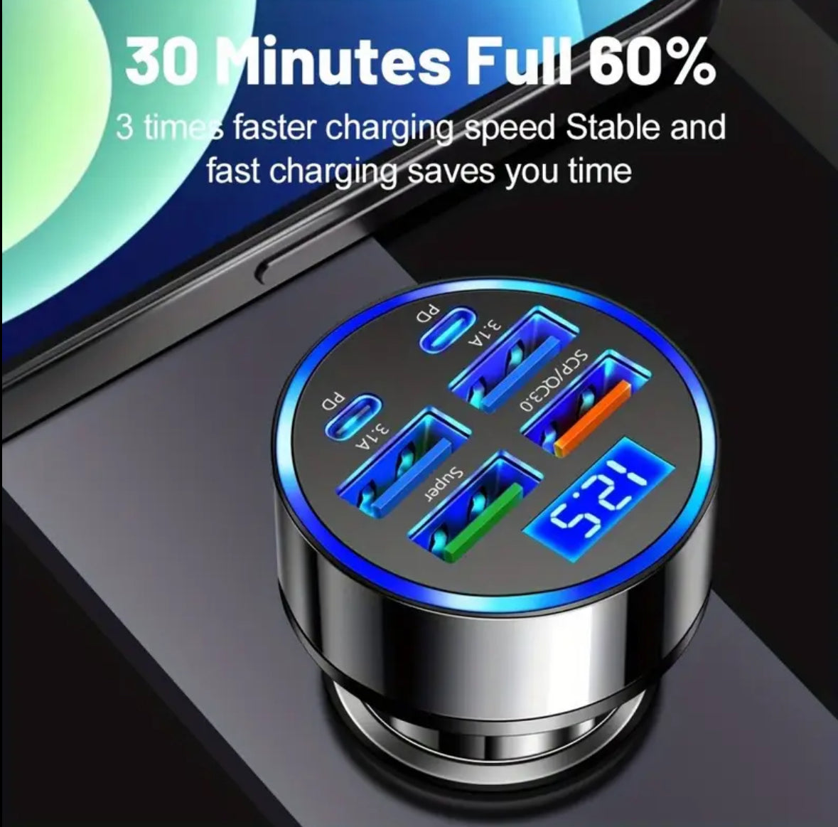 🚗🔌 Cargador de Auto 6 en 1 con Pantalla Digital – ¡Carga TODO a la vez!