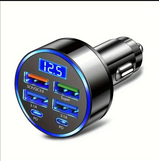 🚗🔌 Cargador de Auto 6 en 1 con Pantalla Digital – ¡Carga TODO a la vez!